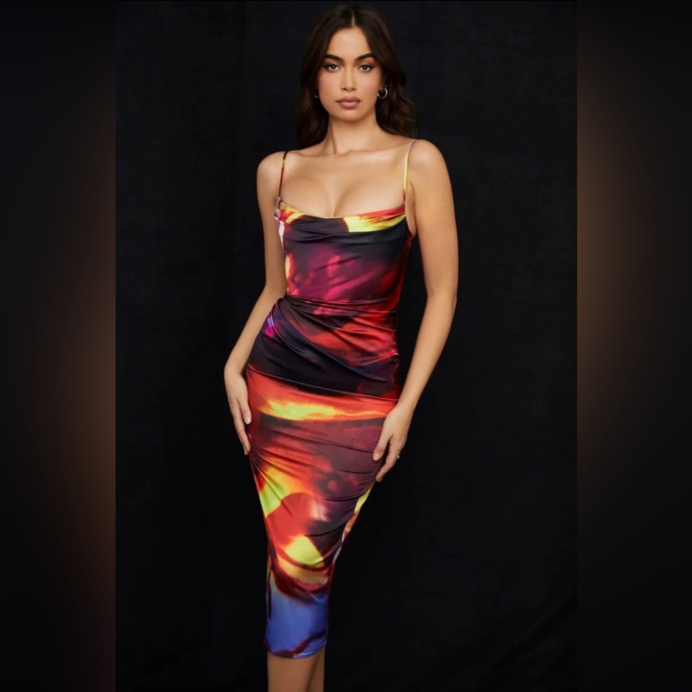 HOUSE OF CB  ‘Mitzi' Printed Satin Corset Midi Dress